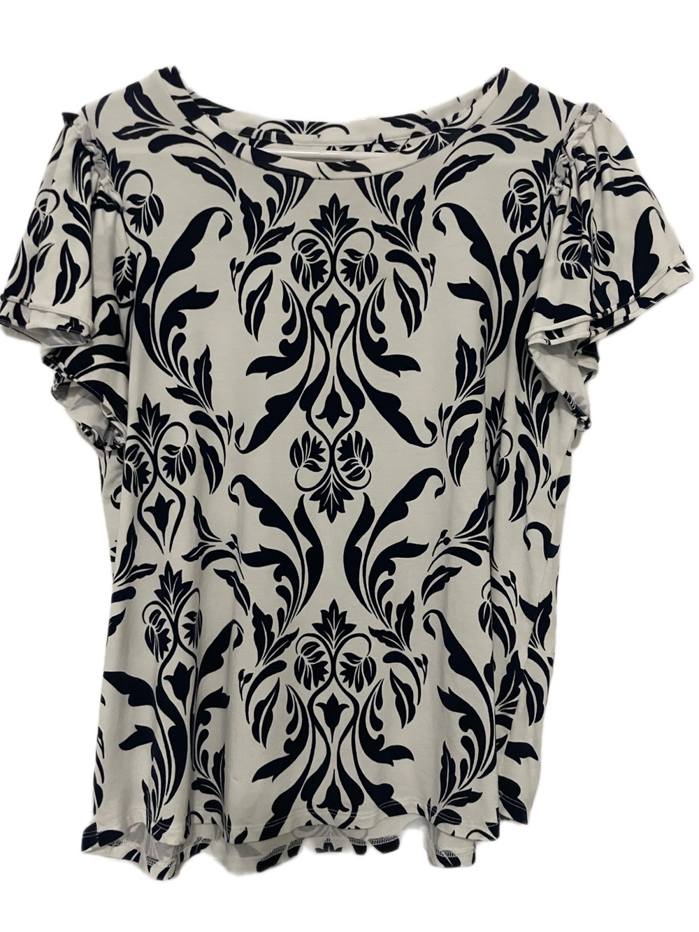 Chico's Blue and white Baroque Print Flutter Sleeve Blouse